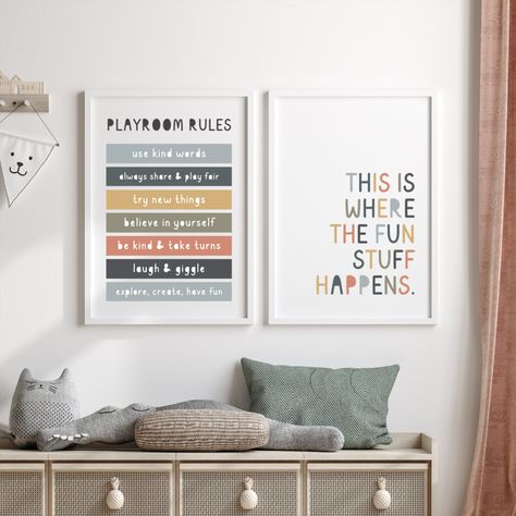 Playroom Decor Wall, Neutral Playroom, Playroom Rules, Toddler Room Decor, Playroom Wall Decor, Playroom Wall, Toddler Room, Playroom Decor, Tv Room