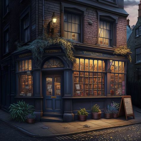 Fantasy Bookstore Concept Art, Magic Shop Exterior, Fantasy Shop Aesthetic, Fantasy Antique Shop, Fantasy Shop Exterior, Shopkeeper Aesthetic, Fantasy Book Store, Fantasy Workshop, Fantasy Shop