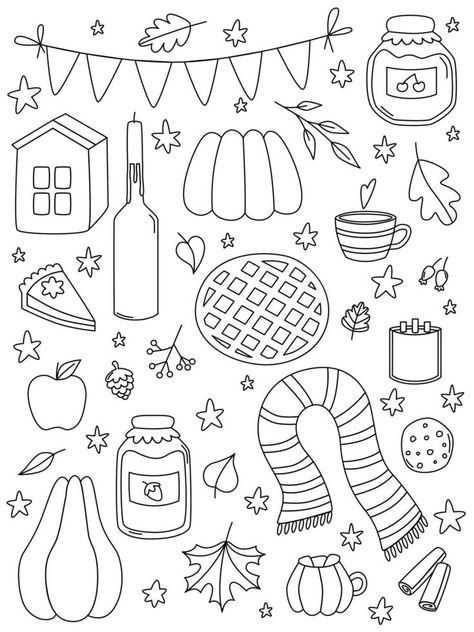 Hand drawn outline autumn sketch. Doodle set elements. Fall coloring book. Cozy warm cottegecore. Vector cartoon illustration. Fall Coloring Book Pages, Fall Tree Doodle, Fall Doodles Autumn Simple, Aesthetic Fall Coloring Pages, Cozy Tattoo Ideas, Fall Doodles Easy, Easy Fall Coloring Pages, Cute Fall Doodles, Cozy Doodles