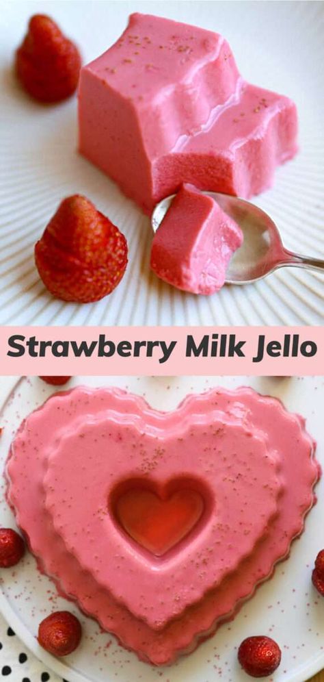 This Strawberry Milk Jello recipe is absolutely delicious. Milk, evaporated milk, heavy cream, sweetener and strawberries converge in this silky-smooth dessert. If you loved Strawberry Nesquik as a kid, you'll love the flavor of this jiggly pink treat. It's also a lot healthier, since it's made with real strawberries. Coconut Milk Jello Recipes, Mexican Milk Jello, Jello With Sweetened Condensed Milk, Jello Milk Recipes, Jello With Condensed Milk Recipes, Evaporated Milk And Jello Dessert, Jello And Condensed Milk, Jello Condensed Milk Recipes, Milk Jello Recipes