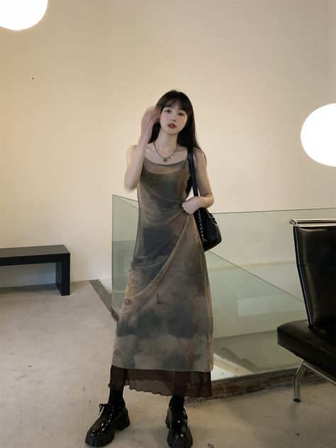 Mesh Flowy Dress, Korean Long Dress Outfit, Grunge Maxi Dresses, Casual Dress Korean Style, Fairy Grunge Spring Dresses, Fairy Grunge Mini Dress For Summer, Black Fairy Grunge Summer Dress, Spring Fairy Grunge Mini Dress, Grunge Dresses