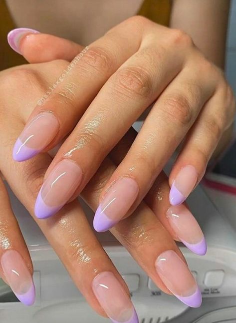 Colorful Tip Nails Almond, Short Acrylic Nails Almond French Tips Pastel, Almond Nails With Purple Tips, Lavender Nail Inspo Almond, Lavender Nails Tips, Lavender Tip Nails Almond, Lavender French Tips Nails, Lavender French Manicure, Lavender French Tip Acrylic Nails