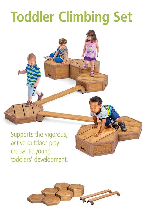 The Toddler Climbing Set supports the vigorous, active play that is crucial to young toddlers development. Sturdy and stable, the modular shape allows for easy reconfiguration by a teacher. Specifically designed for the toddler yard and crafted from weatherproof wood. Tap through for details and buying options. Daycare Playground, Toddler Outdoor Play, Toddler Play Area, Preschool Playground, Toddler Playground, Kids Play Equipment, Toddler Climbing, Backyard Kids Play Area, Outdoor Play Spaces