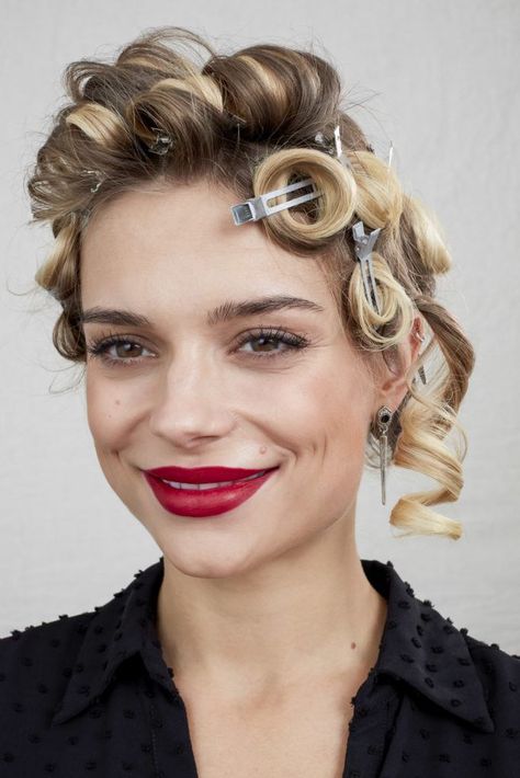 Pin Curls: Follow this Easy Tutorial to Nail this Style | All Things Hair US 1920s Pin Curls, Pin Curl Set, Pin Curls Medium Length Hair, Retro Curls Short Hair, Pin Curl Tutorial Long Hair, How To Pin Curls After Curling, How To Pin Curl Hair, How To Do Pin Curls, Ringlet Curls Hairstyles