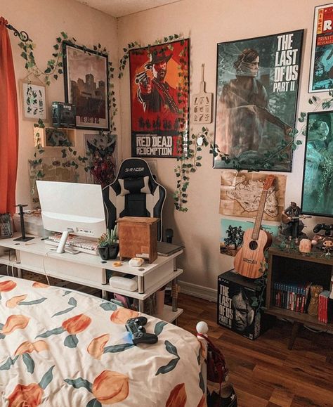 Aesthetic Room With Gaming Setup, Elegant Nerdy Decor, Nerd Dorm Room, Cozy Nerd Aesthetic, Simple Gaming Setup Bedroom, Dystopian Room Ideas, Geek Bedroom Aesthetic, Simple Gaming Setup Aesthetic, Nerd Room Aesthetic Bedroom