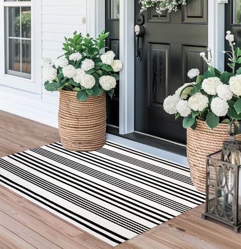 PRICES MAY VARY. 【Comfortable Cotton Material】Made with a blend of polyester and cotton fibers. which is durable and soft to the touch, it is also safe for kids and pets,it can effectively protect the floor from moisture, stains, and scratches. 【Classic Striped Style】Featuring a black and white classic braided texture, it adds warmth and charm to any room. Its versatile design complements a range of styles, from farmhouse to bohemian and modern. it instantly elevates the ambiance of your space. Rug For Back Sliding Door, Front Porch Rug Ideas, Front Door Mat Ideas, Simple Front Porch Ideas, Black And White Entryway, Outdoor Entry Rug, Layered Doormat, Front Porch Rugs, Striped Outdoor Rug