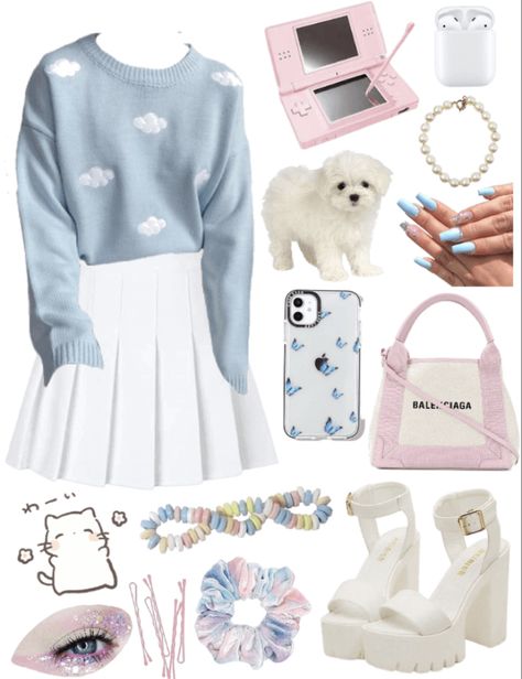 “Head in the clouds” Clouds Aesthetic Outfit, Cloud Core Aesthetic Outfits, Cloud Themed Outfit, Head In The Clouds Outfit, Goal Asthetic, Cute Airplane Outfit, Clouds Outfit, Room Inspo Kawaii, Cloud Outfit