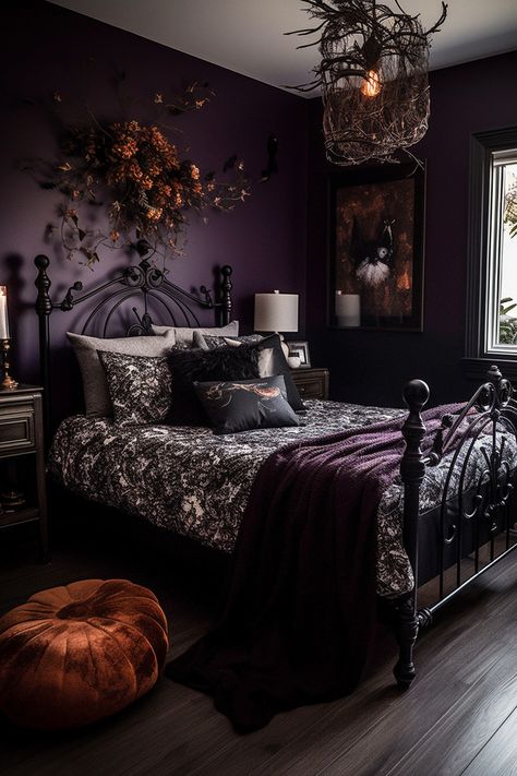 Looking to give your bedroom a Halloween twist? Discover inspirational ideas to create a spooky, cozy, and stylish space perfect for Halloween lovers all year round! 🎃🖤👻 #HalloweenDecor #SpookyBedroom #FallAesthetic #HomeDecorIdeas #CozyVibes Black And Purple Bedroom, Dark Purple Bedroom, Goth Bedroom Ideas, Gothic Decor Bedroom, Goth Bedroom, Pastel Bedroom, Gothic Bedroom, Halloween Bedroom, Teal Bedroom