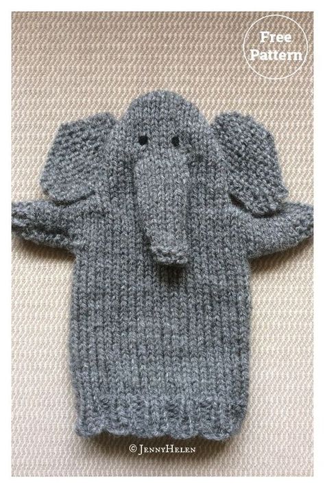 Elephant Puppet Free Knitting Pattern Elephant Puppet, Diy Macrame Projects, Diy Mittens, Crochet Baby Mittens, Animal Hand Puppets, Knitted Dolls Free, Finger Puppet Patterns, Small Knitting Projects, Glove Puppets