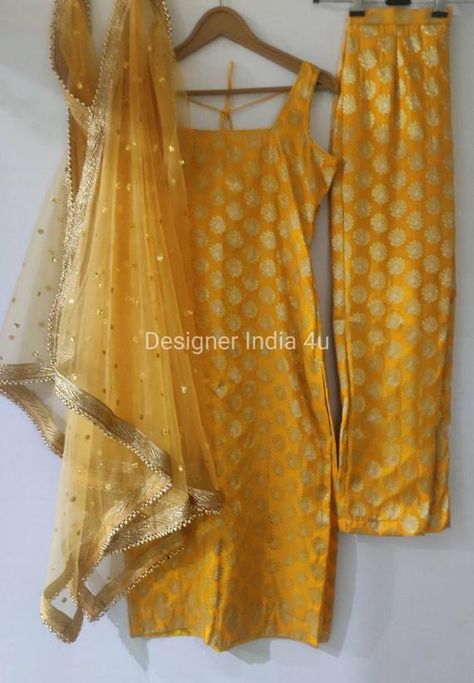 This is a made to order Straight Silk Suit with Pant. Fabric: Pure Banarsi Brocade Silk Kameez Bottom: Is straight pant made in Pure Banarsi Brocade Silk. Dupatta: Beautiful sequence work Net with Lace Borders. I craft it exclusively for my customers by using designer fine quality fabrics. I Brocket Suit Design With Pant, Yellow Banarsi Suit, Yellow Silk Suit Designs, Cotton Silk Suit Designs Indian, Suit With Straight Pant Design, Yellow Suits For Women, Net Suits Design Indian Straight, Straight Suits With Pants Indian, Yellow Punjabi Suit For Haldi