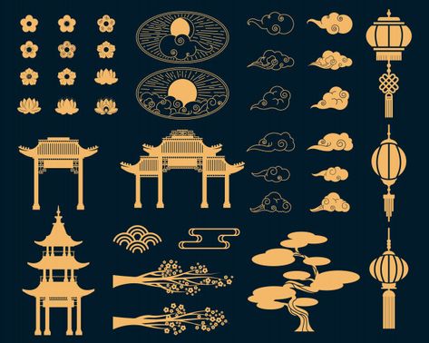 Asian decorative elements set | Free Vector #Freepik #freevector #flower Japanese Style Poster Design, Japanese Culture Traditional, Japanese Fan Design, Chinese Culture Design, Chinese Gate, Chinese Icon, Japanese Elements, 동화 삽화, Chinese Element