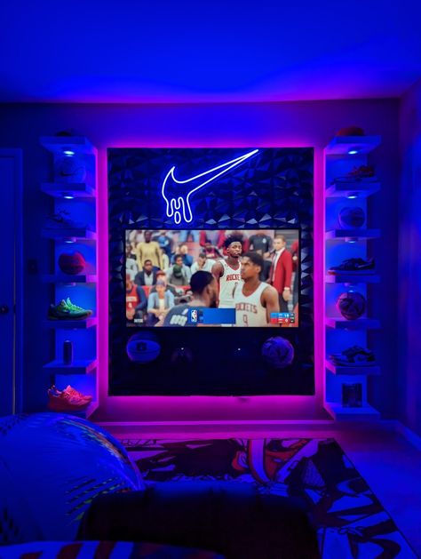 Sneakerhead Wall with TV, neon Nike swoosh and floating shelf for XBOX. Sneakerhead Bedroom, Gaming Bedroom Ideas, Sneaker Room, Sneakerhead Room, Boys Game Room, Gaming Bedroom, Gamer Bedroom, Basketball Room, Hypebeast Room