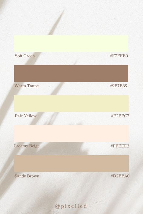 This earthy tone color palette includes soothing shades of soft green, warm taupe, pale yellow, creamy beige, and sandy brown. These colors evoke a sense of nature, warmth, and subtle sophistication, making them ideal for creating a calming and grounded atmosphere. Color Scheme Generator, Earth Colour Palette, Tone Color Palette, Earth Tone Color Palette, Color Generator, Flip Image, Blur Image, Earth Tone Color, Warm Taupe