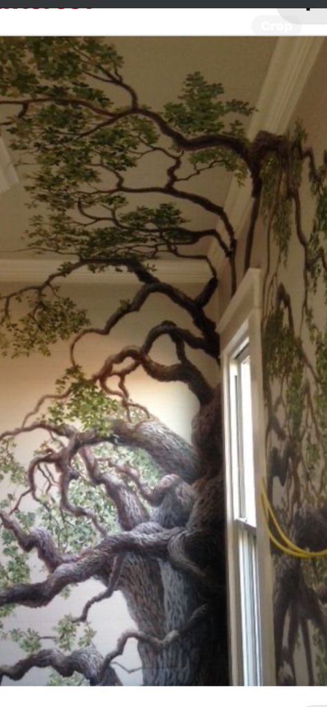 Stairway Tree Mural, Tree Mural Painting, Tree Ceiling Design, Tree Murals On Wall Diy, Tree Wall Murals Diy, Oak Tree Mural, Trees Painted On Walls, Paint Trees On Wall Diy, Painted Trees On The Wall