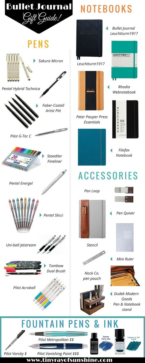 Tiny Ray of Sunshine: Bullet Journal Gift Guide! #BulletJournal Planning School, Bullet Journal Planner, Bujo Planner, Ray Of Sunshine, Pens And Pencils, Bujo Inspiration, Bullet Journal Inspo, Journal Layout, Journals & Planners