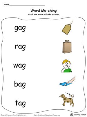 AG Word Family Picture and Word Match in Color. Identifying words ending in  –AG by matching the words with each picture. Ag Family Words Worksheet, Ag Words Worksheets, Ag Family Words, Ay Word Family, Ag Words, Ag Word Family, At Word Family, Subitizing Cards, Kindergarten Goals