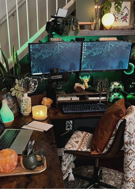 Personal Corner In Bedroom, Gamer Desk Organization, Cozy Game Setup, Witchy Pc Setup, Boho Game Room, Witchy Gaming Setup, Corner Gaming Setup, Cozy Gaming Setup Aesthetic, Gaming Office Setup