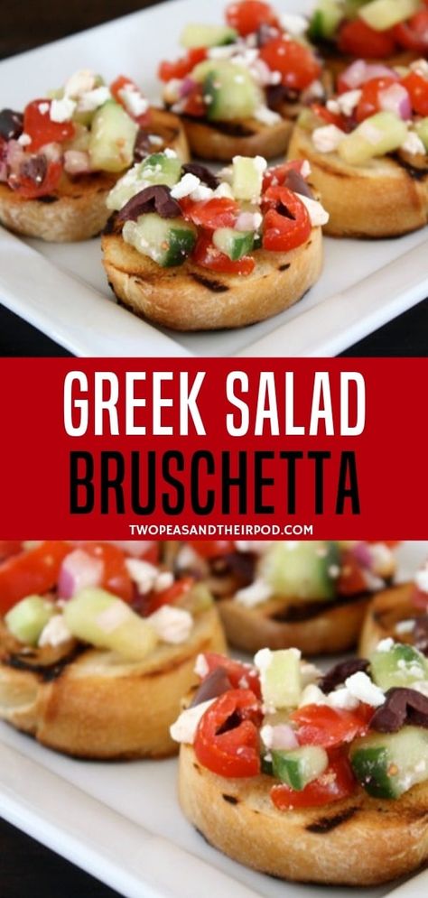 A favorite appetizer to make for special occasions! It is easy, fresh, and a great way to use up your garden cucumbers and tomatoes. This recipe is the perfect delicious greek salad bruschetta recipe family and friends they will like! Small Brunch Ideas, Greek Bruschetta, Garden Cucumbers, Cucumbers And Tomatoes, Bruschetta Toppings, Bruschetta Recipe, Favorite Appetizers, Fun Easy Recipes, Low Carb Recipes Dessert