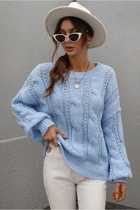 Light Blue Knit Sweater Outfits, What To Wear With Blue Jeans, Sky Blue Sweater Outfit, Baby Blue Outfits For Women, Baby Blue Sweater Outfit, Light Blue Top Outfit, Light Blue Sweater Outfit, Light Blue Outfits, Soft Blue Sweater