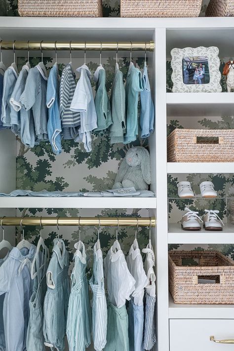 George's Dreamy Green Nursery - Born on Fifth by Emily Hertz Blue Green Nursery, Clary Bosbyshell, Born On Fifth, Blue Nursery Boy, Nursery Closet Organization, Boys Closet, Nursery Closet, Nursery Room Design, Green Nursery