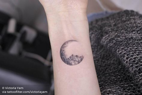 Crescent Moon Mountain Tattoo, Mountain Tattoo With Moon, Mountain And Moon Tattoo, Moon Dotwork, Logan Tattoo, Small Nature Tattoo, Wrist Tatoo, Small Mountain Tattoo, Half Moon Tattoo