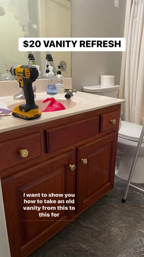 $20 vanity refresh! This is a great way to update a bathroom on a budget! Would you try this? #farmhousebathroom #diyproject #diybathroom #paintedcabinets | Liz Pacini | Liz Pacini · Original audio Tan Bathroom Vanity Top, Refresh Bathroom Vanity, Update Bathroom Cabinets, Bathroom Refresh On A Budget, Bathroom Updates On A Budget, Paint Bathroom Vanity, Bathroom Vanity Redo, Painted Bathroom Vanity, Vanity In Bedroom