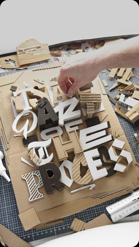 Snooze One – Lettering Artist (@snooze.one) • Instagram photos and videos Cardboard Signage, Cardboard Illustration, Craft For Teenagers, Pop Up Tunnel, Recycled Sculpture, D Typography, Cardboard City, Mid Century Modern Painting, Gcse Art Ideas