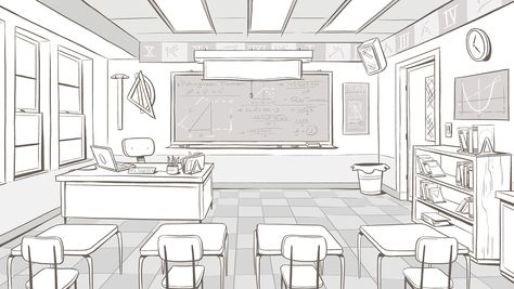 Classroom Drawing, Evil Background, Classroom Interior, Perspective Sketch, Perspective Drawing Architecture, Perspective Drawing Lessons, Bg Design, Concept Art Tutorial, School Interior