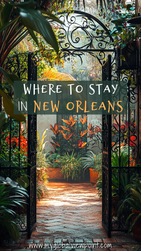 An ornate wrought iron gate opens to a sunlit courtyard in New Orleans, filled with vibrant tropical plants and a brick pathway, one of the best areas to stay in New Orleans. New Orleans Hotels Garden District, Best Place To Stay In New Orleans, New Orleans Hotels French Quarter, Visiting New Orleans, New Orleans Things To Do In, New Orleans Aesthetic, Perfect Neighborhood, Garden District New Orleans, New Orleans Garden District