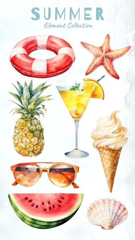 Fitness Stickers, Watercolor Fruits, Fruit Watercolor, Fruit Clipart, Beach Illustration, Desi Wedding Decor, Summer Ice Cream, Summer Illustration, Holiday Clipart