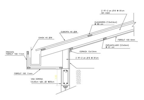 Eaves and roof constructive structure cad drawing details that includes a detailed view of previously linked support, multilayer insulation panel, rubber shock absorber element, galvanized profile for anchorage, acoustic sandwich. (see detail), dimensions details, memory of materials, concrete details, cuts and joints details, reinforcement details, water proofing details and much more of roof structure details. Monopitch Roof, Drawing Details, Skillion Roof, Wooden Columns, Structural Drawing, Brick Detail, Roof Insulation, Concrete Roof, Aluminum Roof