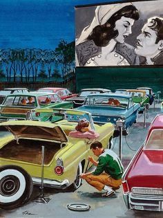 Drive In Movie Theater, Vintage Housewife, 강아지 그림, Drive In Theater, Movie Screen, Drive In Movie, Pulp Art, Illustration Vintage, Old Car