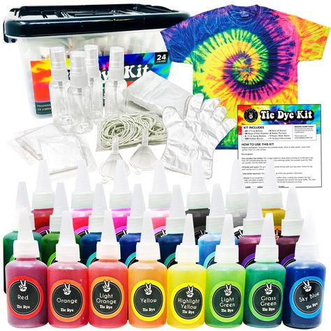 PRICES MAY VARY. 24 DIFFERENT VIBRANT COLORS: Our premium dyes are ultra-pigmented to produce rich and bright designs. Comes with 24 colors that span the spectrum. Professional grade tie dye ink is washable and long-lasting and remains bright with repeated washings MULTIPLE EASY PROJECTS: No experience needed & detailed instructions included. Tie dye as many as 6 shirts, clothing or pillow cases, dozens of hair ties, hats & more. Perfect for a party group of 5. Resealable bottles and case for mu Diy Tie Dye, Party Tub, Powder Dye, Tie Dye Party, Tie Dye Kit, Kids Tie Dye, Diy Tie, Tie Dye Techniques, Tie Dye Diy