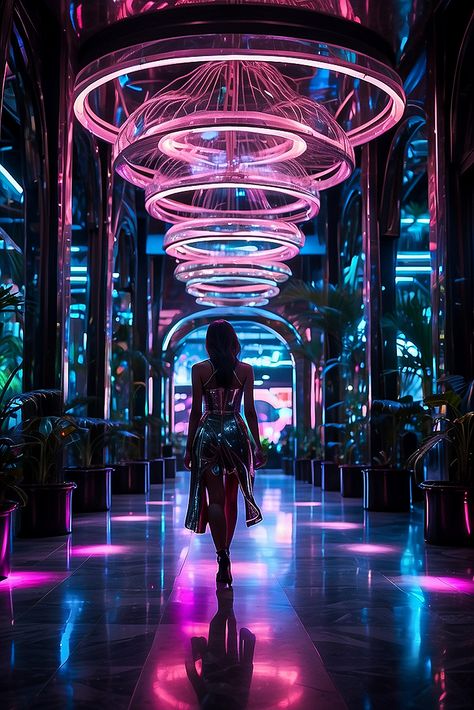 Cyberpunk Casino Concept Art, Futuristic Club Aesthetic, Cyberpunk Nightclub, Futuristic Arcade, Futuristic Club, Space Club, Cars Anime, Anime Nature, Neon Girl