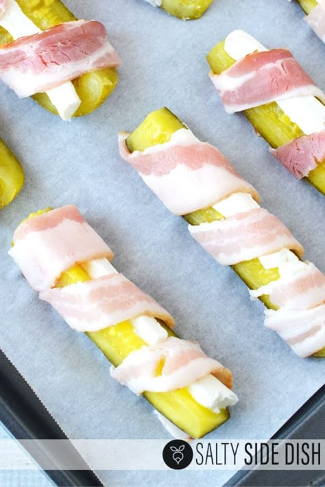 Bacon Wrapped Pickles with Cream Cheese Centers Bacon Wrapped Pickles, Baked Pickles, Wrapped Pickles, Salty Side Dish, Pickle Appetizers, Savory Bacon, Baked Appetizers, Simple Appetizer, Pickle Recipe