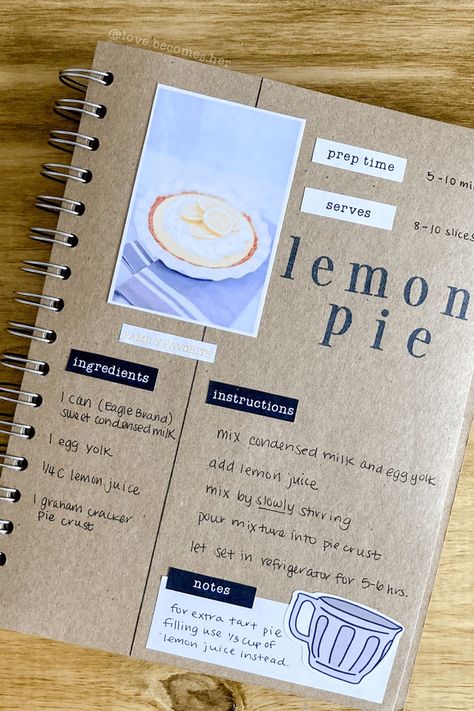 Scrapbook Recipe Book, Homemade Recipe Books, Lemon Pie Recipe, Recipe Book Design, Recipe Book Diy, Recipe Book Templates, Sketch Note, Recipe Journal, Recipe Scrapbook