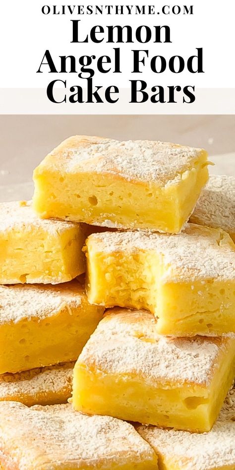 2 ingredient lemon bars are an impossibly quick and easy to make lemon dessert made from light and airy angel food cake mix and tart lemon pie filling. Top these lemon bars from cake mix with a dusting of sweet powdered sugar for a wonderfully refreshing dessert that’s made for spring and summer entertaining. 2 Ingredient Lemon Cake, Lemon Bars Angel Food Cake, Angel Food Cake Lemon Bars, Lemon Angel Cake Bars, Lemon Pie Filling Recipes Canned, Angel Food Lemon Pie Filling, Lemon Bars With Angel Food Cake, Angel Food And Lemon Pie Filling, Lemon Bars Recipe Easy Cake Mixes