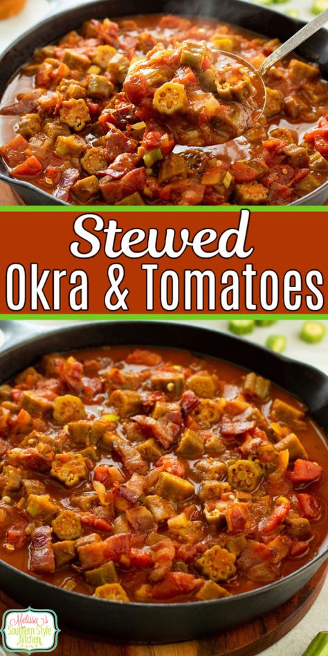 This Southern Stewed Okra with Tomatoes recipe is a classic summertime side dish to make. It works well using frozen okra, too! #stewedokra #bestokrarecipes #okra #Southernstewedokra #okrawithtomatoes #strewedokrawithtomatoes #easyokrarecipe via @melissasssk Stewed Tomatoes And Okra Recipe, Stewed Okra And Tomatoes, Okra And Tomato Recipe, Gumbo Recipe Okra, Stewed Okra, Frozen Okra, Sauteed Okra, Okra Gumbo, Okra Stew