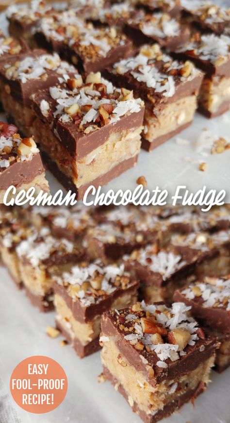 Easy German Chocolate Fudge! A simple, fool-proof recipe for chocolate fudge layered with pecan coconut German chocolate filling made easy with sweetened condensed milk. German Chocolate Fudge Recipe, German Chocolate Filling, German Chocolate Fudge, Sweetened Condensed Milk Fudge, Vacation Recipes, South Your Mouth, Milk Chocolate Fudge, Homemade Fudge Recipes, Yummy Bites