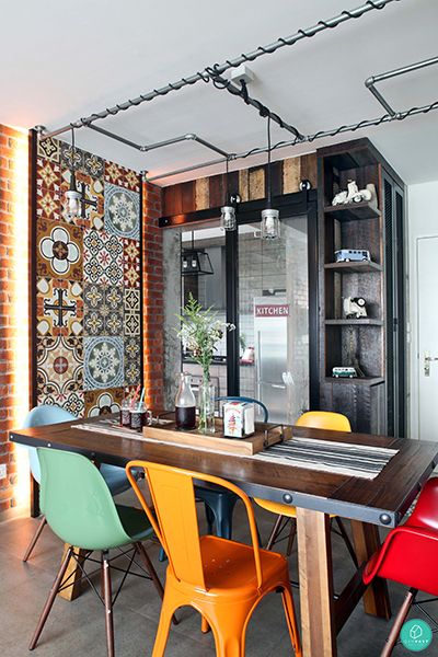 Eclectic Industrial Decor, Eclectic Industrial, Eclectic Dining Room, Boho Dining Room, Vibrant Living Room, Eclectic Dining, Living Room Dining Room Combo, Dining Room Combo, Simple Living Room