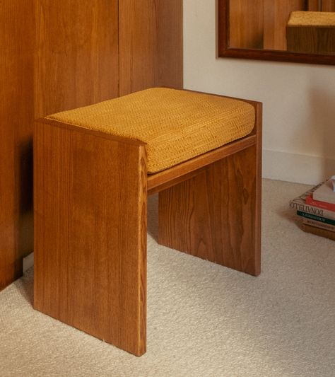 Chiesa stool ochre textured fabric and solid wood. Available in other fabrics and in a bench version..To be found on The Socialite Family.