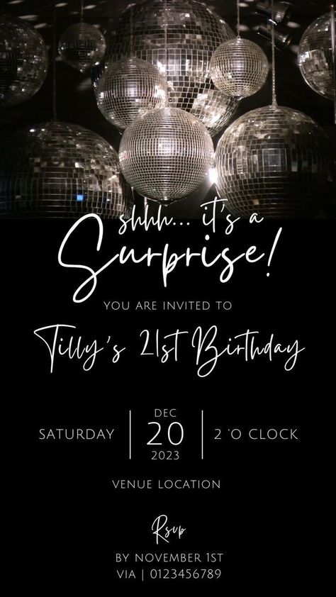 Etsy Shop Link in Bio! @alexandralovedigital | disco glam party invite, silver disco ball invitations, disco party invitations, digital video evite Disco Glam Party, 17. Geburtstag, Black And White Party, Surprise Party Invitations, Disco Birthday Party, Surprise Birthday Invitations, 13 Birthday, Disco Glam, Disco Theme