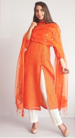 Orange Kota Leheriya Side Buttoned Kurti with Straight Pants and Orange Sequenced Dupatta Lehriya Kurta Designs, Cotton Lehariya Kurti Designs, Kota Kurti Designs Latest, Lahariya Kurti Design, Bandhej Kurti Designs Latest, Orange Kurti Design, Leheriya Kurti Designs Latest, Lehriya Kurti Designs Latest, Lehriya Kurti Designs