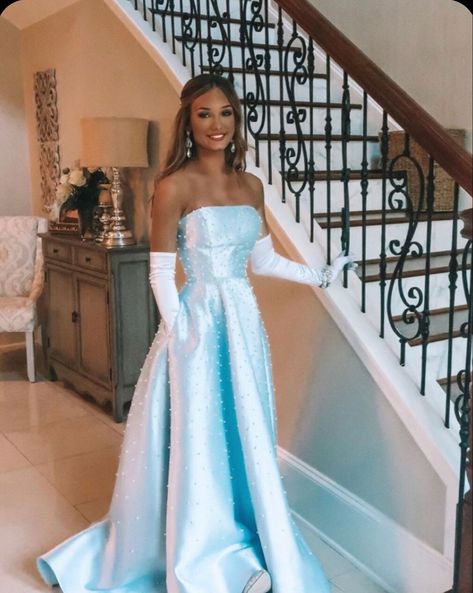 Big Prom Dresses Cinderella, Cinderella Hoco Dress, Baby Blue Strapless Dress, Cinderella Formal Dress, Cinderella Prom Look, Tiana's Blue Dress, Prom Dresses 2023 Light Blue, Poofy Prom Dresses Long, Princess Tiana Prom Dress Blue