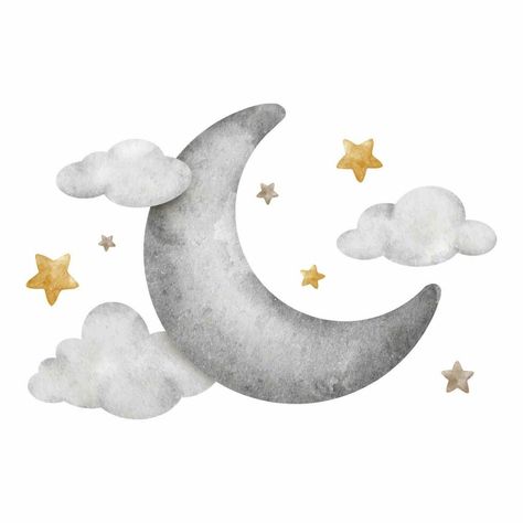 Moon with clouds and stars. Grey crescent moon. Cute baby Watercolor illustration. Isolated. Design for logo, kid's goods, clothes, textiles, postcards, baby shower and children's room Stars Illustration Art, Baby Pattern Illustration, Moon With Clouds, Baby Canvas Art, Moon And Stars Art, Brown Illustration, Moon Watercolor, Baby Watercolor, Cloud Logo