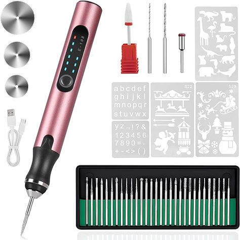 Amazon.com: HOTROSE Electric Engraving Pen with 37 Bits, USB Rechargeable Cordless Engraving Machine, Portable DIY Rotary Engraver for Jewelry Wood Glass Stone Carving (Rose Red) : Arts, Crafts & Sewing Etching Tool, Engraving Pen, Engraved Pens, Engraving Tools, Jewelry Wood, Rotary Tools, Engraving Machine, Pen Kits, Rotary Tool