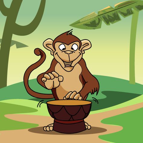 Cute and adorable illustration of a monkey playing the drums. Simple design for kids and even adults! Monkey Cartoon Character Design, Monkey Playing Drums, Monkey On A Skateboard, Monkey Meditating Illustration, Monkey Playing, Cymbal Monkey, Playing The Drums, Adorable Illustration, Cartoon Monkey