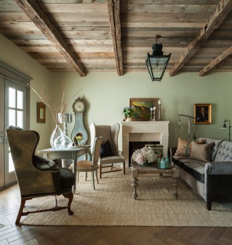 French Nordic living room with rustic wood ceiling and Mora clock. Come see this Rustic Elegant French Gustavian Cottage by Decor de Provence in Utah! #frenchcountry #frenchfarmhouse #interiordesigninspiration #rusticdecor #europeanfarmhouse #housetour Provence Living Room, Swedish Country Decor, French Country Style Living Room, Country Living Room Design, Country Style Living Room, Country Home Magazine, French Country Cottage Decor, French Country Living, French Country Living Room