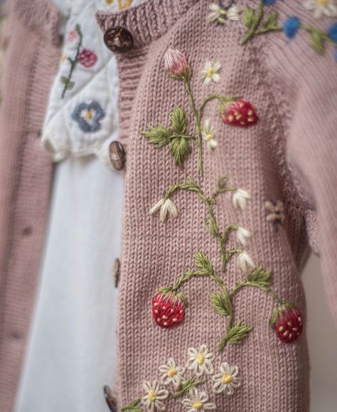 Strawberry Cardigan, Strawberry Vine, Embroidery Stitches Beginner, Clothes For Babies, Strawberry Baby, Baby Sweater Knitting Pattern, Crochet Christmas Decorations, Embroidery Sweater, Wool Embroidery