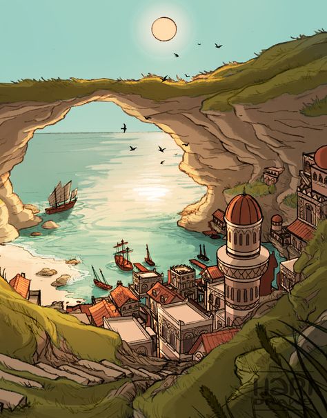 Fishing City Fantasy Art, Costal City Fantasy Art, Fishing Villages Concept Art, Island Village Fantasy Art, Beach City Concept Art, River Village Concept Art, Cliffside Village Concept Art, Tropical Village Concept Art, Dnd Fishing Village